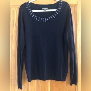 Roz & Ali Jeweled Crew Neck Sweater Blue L